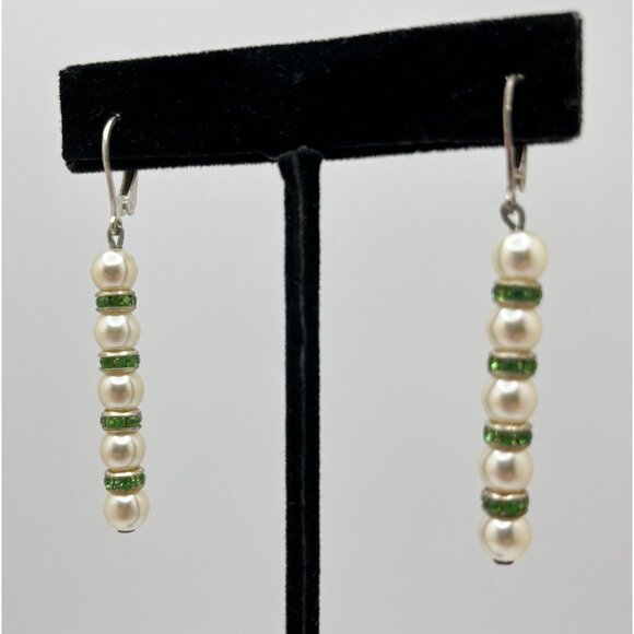 Faux Pearl Dangle Earrings Silver Tone Green Beaded Drop Line - Picture 5 of 6
